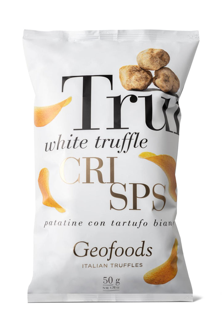 A package of Geofoods White Truffle Crisps 50g with an image of the crisps and truffles on the front.