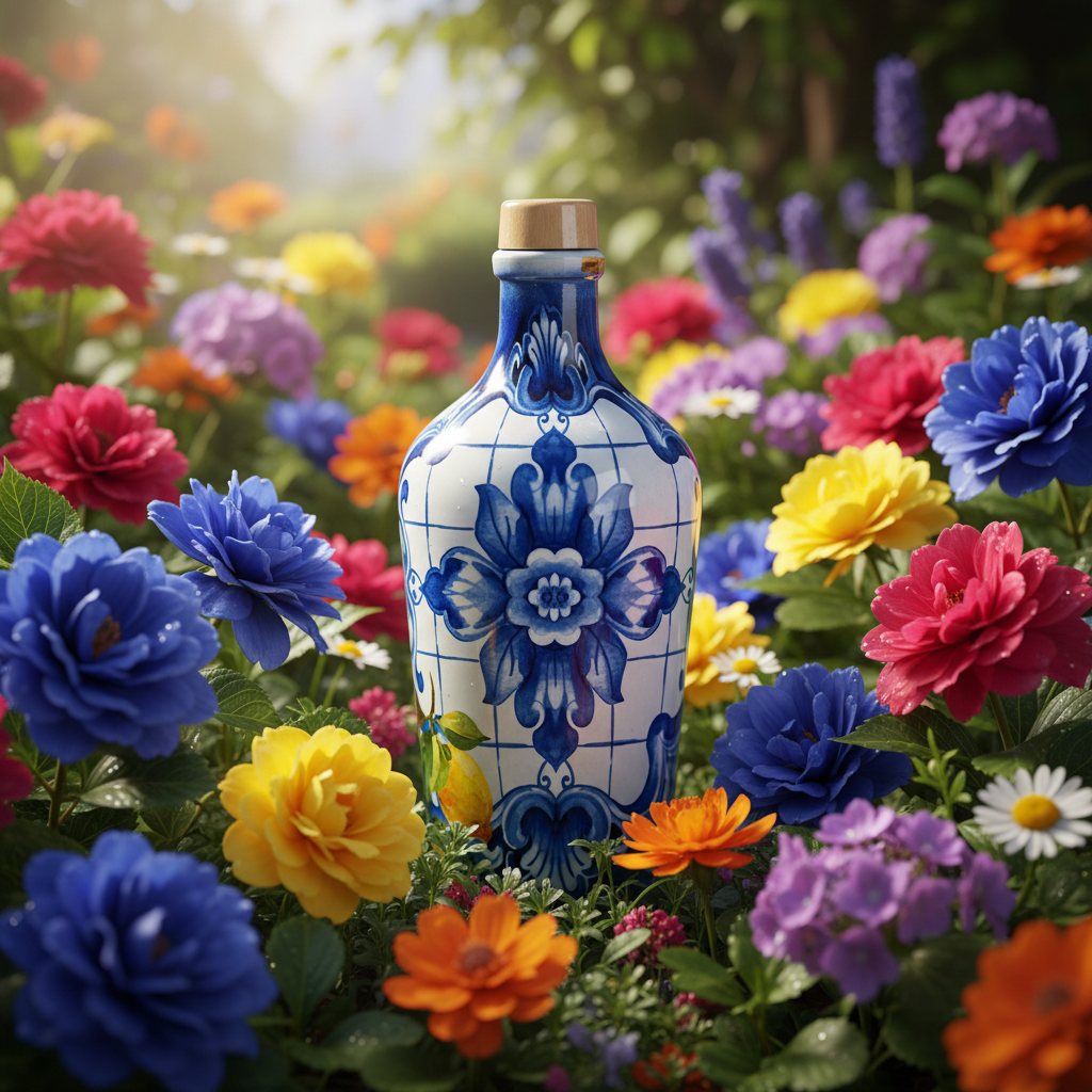 A 500 ml bottle of L’olio Extra Virgin Olive Oil, featuring a white bottle with blue illustrations and a cork stopper, on a white background.