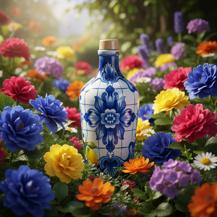 A 500 ml bottle of L’olio Extra Virgin Olive Oil, featuring a white bottle with blue illustrations and a cork stopper, on a white background.