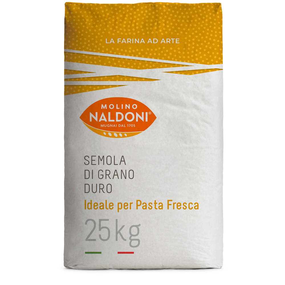 A 25kg bag of Molino Naldoni Semola di Grano Duro (hard wheat flour) for fresh pasta, featuring a white and yellow-orange design with the brand logo in the center.