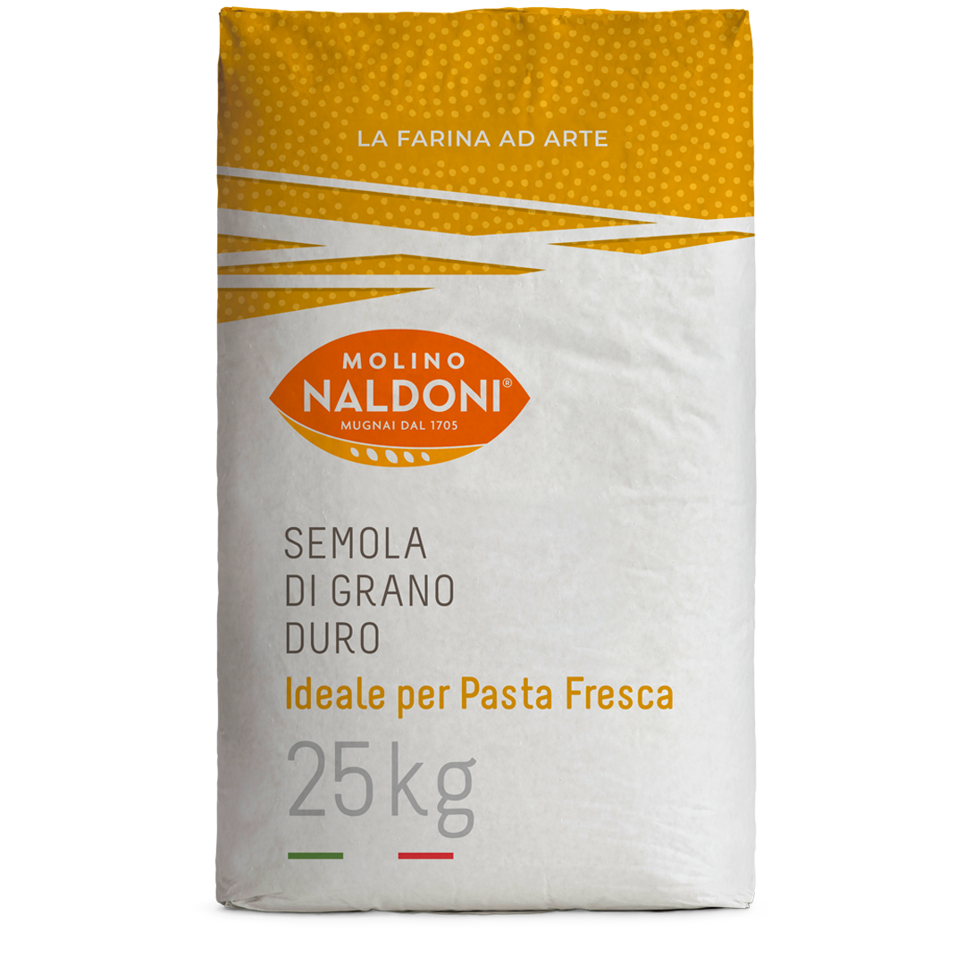 A 25kg bag of Molino Naldoni Semola di Grano Duro (hard wheat flour) for fresh pasta, featuring a white and yellow-orange design with the brand logo in the center.