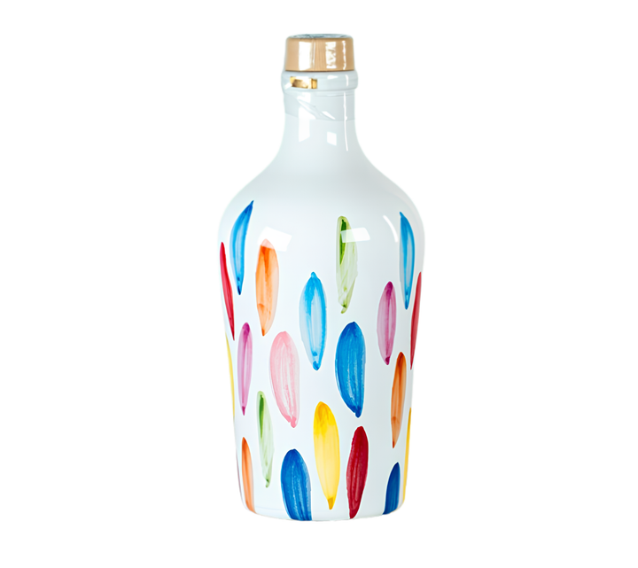 A white ceramic bottle with a gold screw cap, decorated with colorful hand-painted brushstrokes in blue, pink, orange, yellow, and green, shown against a plain white background.