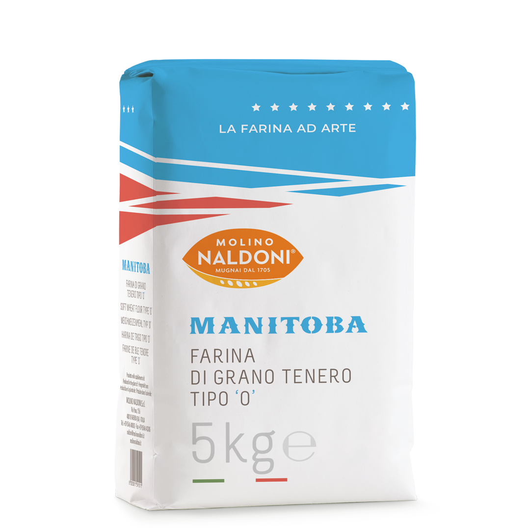 A 5kg bag of Molino Naldoni Manitoba flour, featuring a white bag with a bright blue top section, red and blue diagonal stripes, and an orange brand logo.