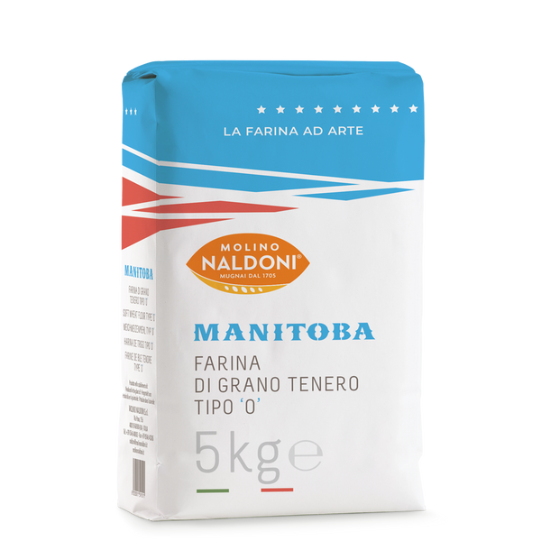 A 5kg bag of Molino Naldoni Manitoba flour, featuring a white bag with a bright blue top section, red and blue diagonal stripes, and an orange brand logo.