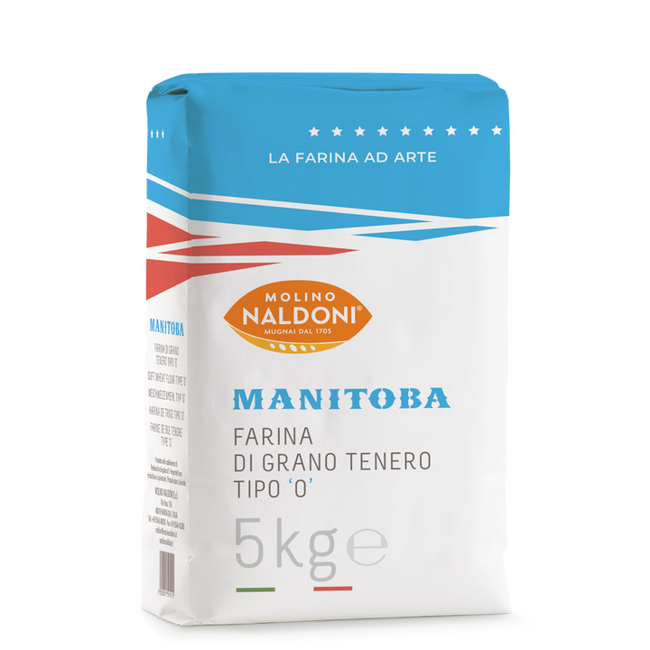 A 5kg bag of Molino Naldoni Manitoba flour, featuring a white bag with a bright blue top section, red and blue diagonal stripes, and an orange brand logo.