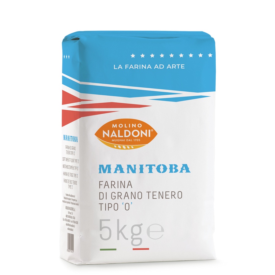 A 5kg bag of Molino Naldoni Manitoba flour, featuring a white bag with a bright blue top section, red and blue diagonal stripes, and an orange brand logo.