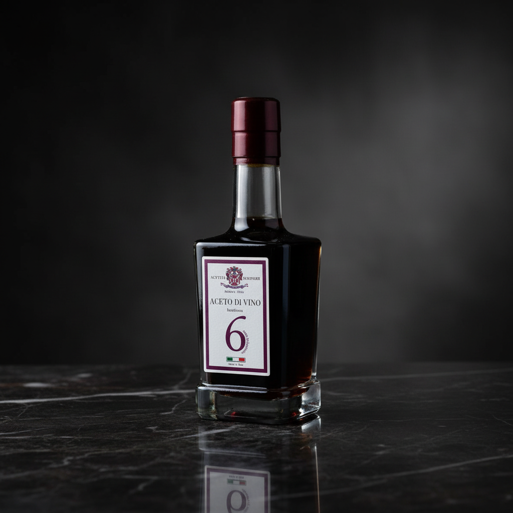 A bottle of dark red wine reduction (Aceto di Vino) with a white label featuring a large number 6, set on a dark marble surface against a dark gray background.