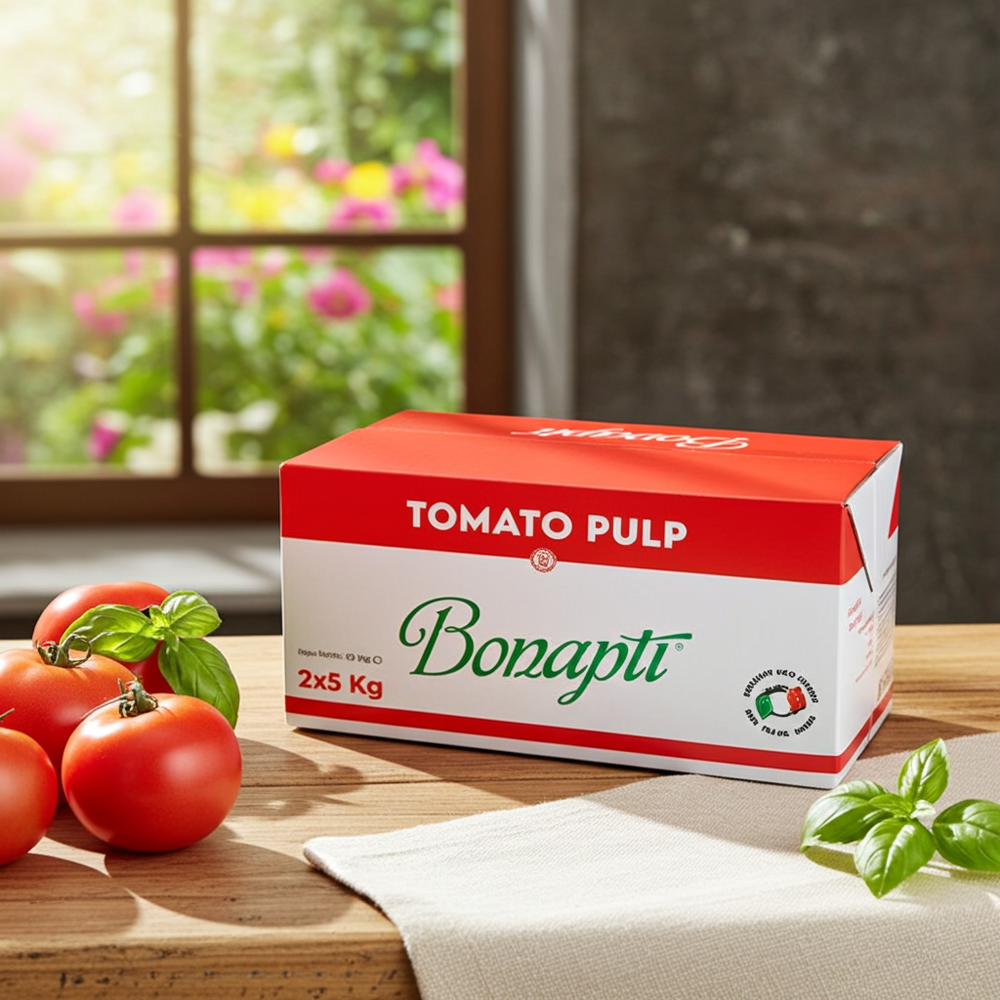 A 2x5 kg carton of Bonapti tomato pulp sits on a wooden table beside fresh tomatoes and basil, with a blurred kitchen window and flowers in the background.