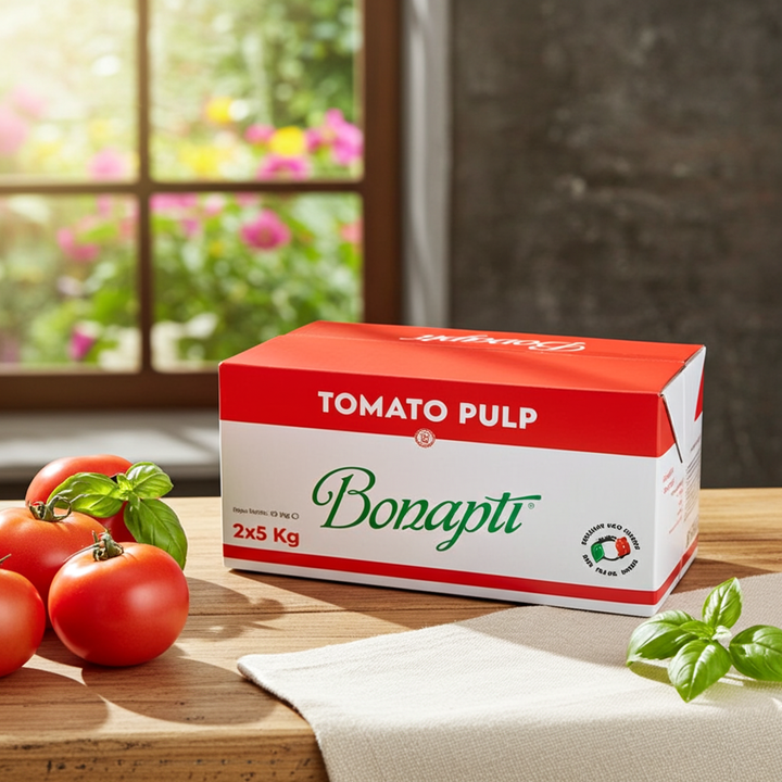 A 2x5 kg carton of Bonapti tomato pulp sits on a wooden table beside fresh tomatoes and basil, with a blurred kitchen window and flowers in the background.