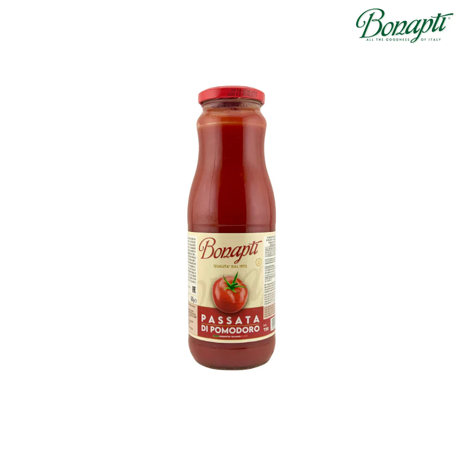 Bottle of Bonapiti tomato passata on a white background