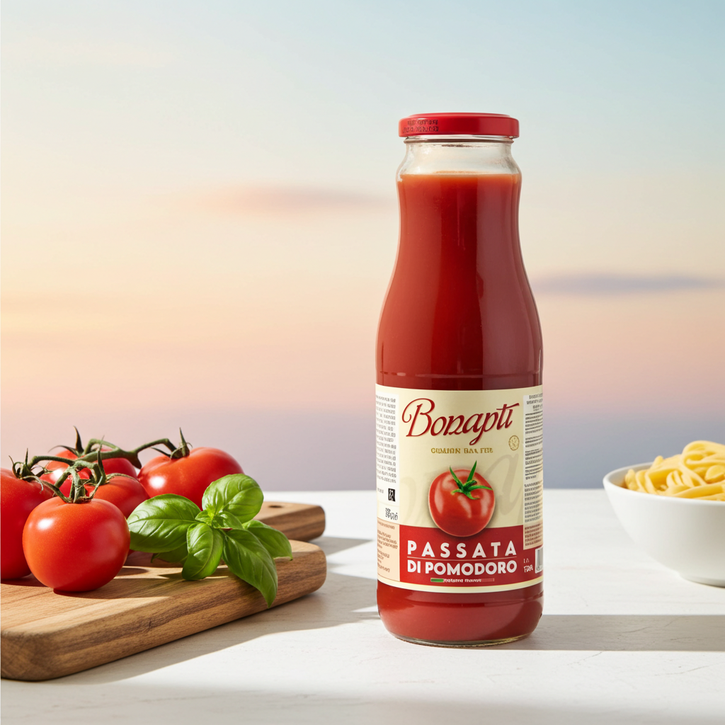A bottle of Bonapti Passata di Pomodoro stands on a white surface with tomatoes, basil, and pasta props against a soft pastel sky background.
