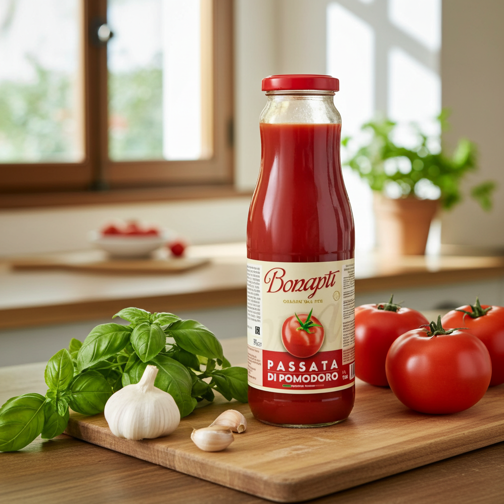 A bottle of Bonapti Passata di Pomodoro centered on a wooden cutting board, surrounded by fresh basil leaves, garlic, and red tomatoes in a bright kitchen setting.