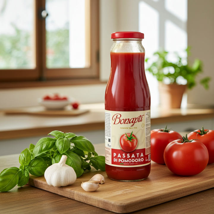 A bottle of Bonapti Passata di Pomodoro centered on a wooden cutting board, surrounded by fresh basil leaves, garlic, and red tomatoes in a bright kitchen setting.