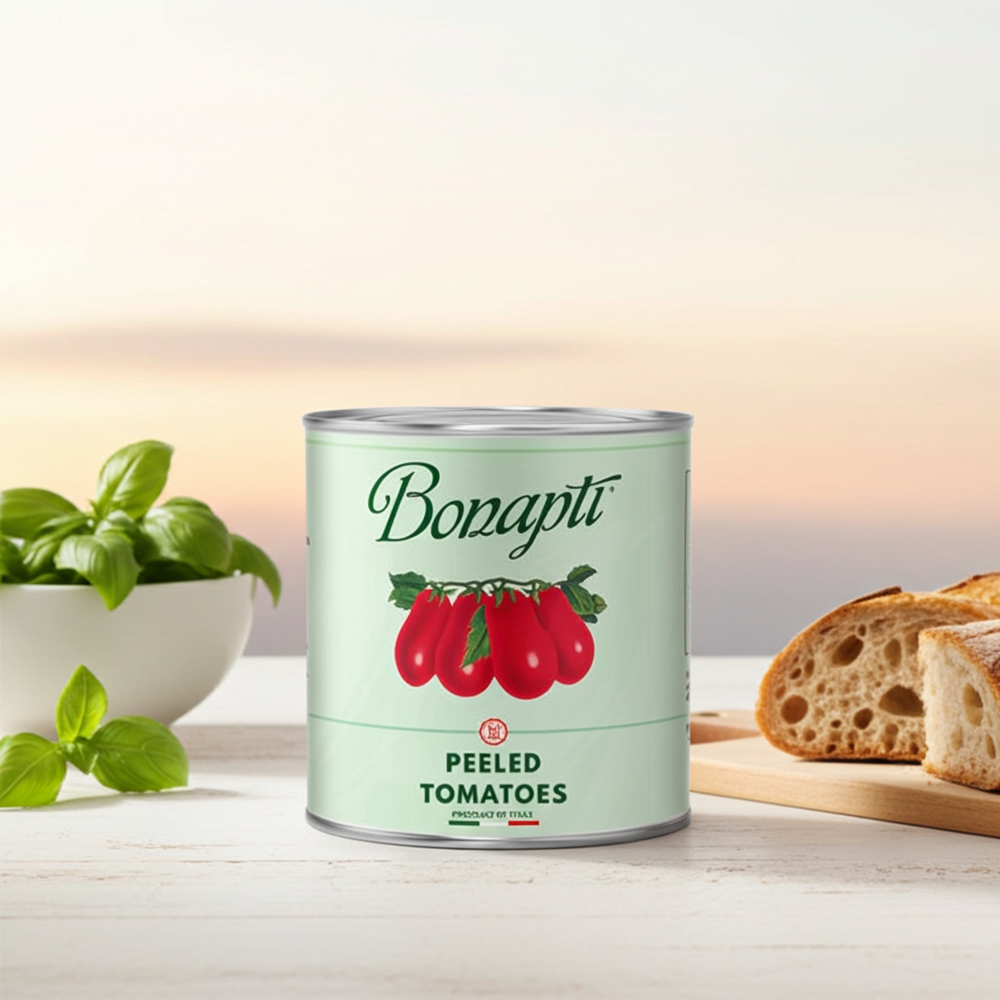 A can of Bonapiti Peeled Tomatoes stands on a light tabletop with a bowl of basil leaves on the left and sliced bread on the right, against a softly blurred warm background.
