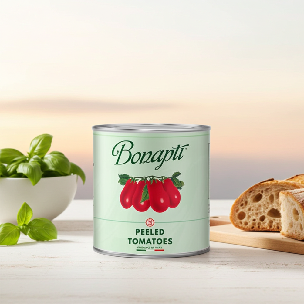A can of Bonapiti Peeled Tomatoes stands on a light tabletop with a bowl of basil leaves on the left and sliced bread on the right, against a softly blurred warm background.