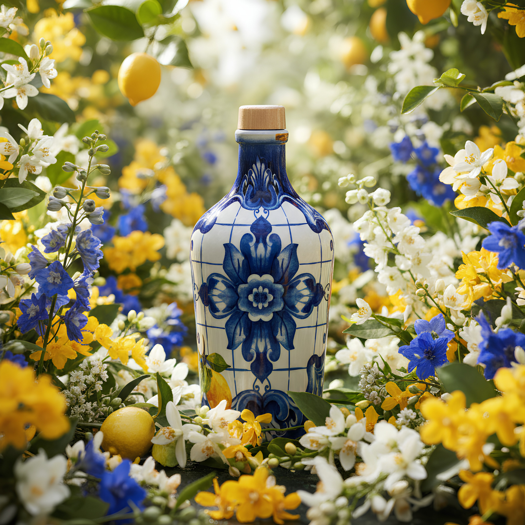 A decorative ceramic bottle with a blue and white floral pattern and a light wood-toned cap, nestled among yellow lemons, white and blue flowers, and green leaves in a sunlit outdoor setting.