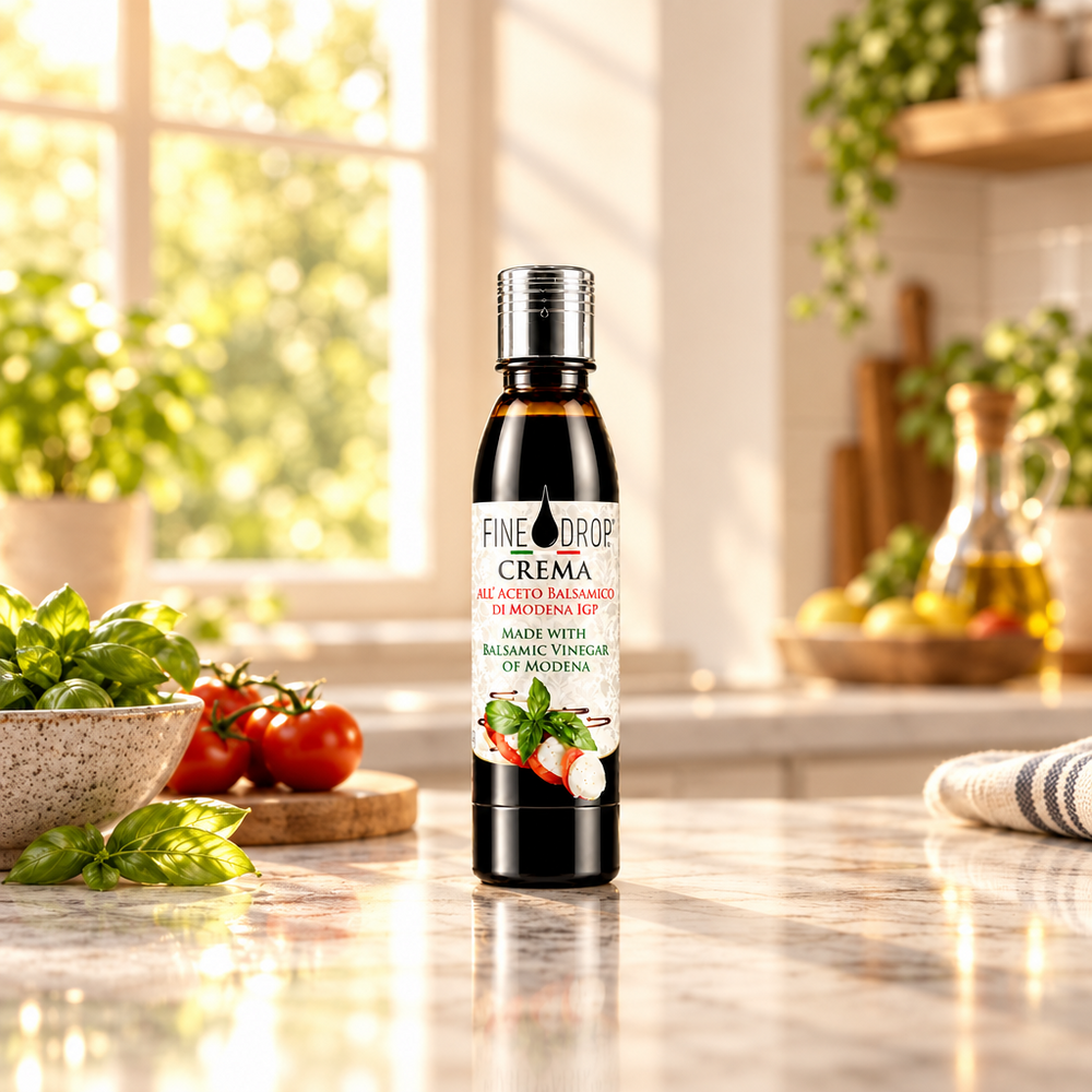 A bottle of Fine Drop Crema balsamic vinegar and balsamic oil set on a marble kitchen counter with fresh basil, tomatoes, and a window in the background.