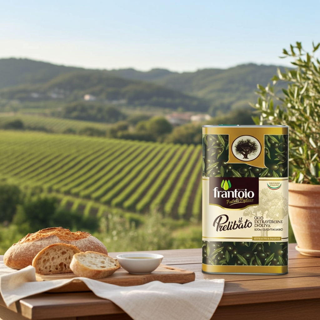 A tin of Frantoio Prelibato olive oil stands on a wooden table outdoors, with sliced bread and a small bowl nearby. The background shows a blurred vineyard landscape with hills and a potted plant.