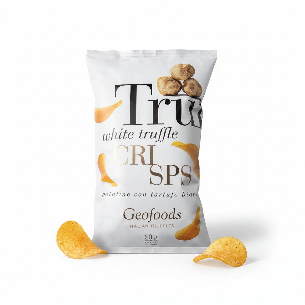 A 50g bag of Geofoods crisps white truffle Italian chips on a white background, with three golden potato chips placed in front of the bag.