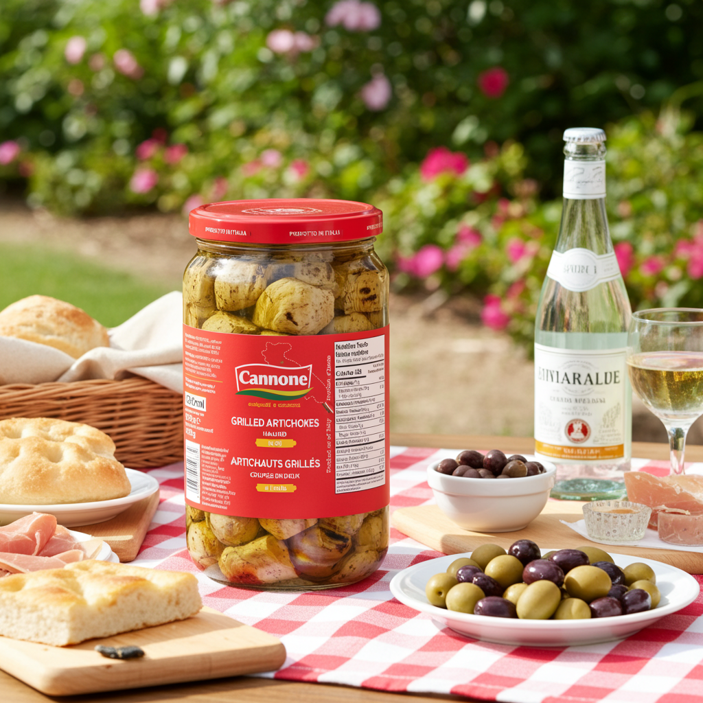 A jar of Cannone Grilled Artichokes sits on a red-and-white checkered picnic blanket outdoors, surrounded by bread, olives, a bottle of Amarone, and a glass of white wine, with a blurred garden background.