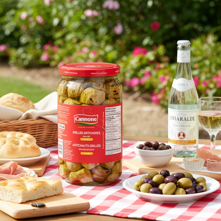 A jar of Cannone Grilled Artichokes sits on a red-and-white checkered picnic blanket outdoors, surrounded by bread, olives, a bottle of Amarone, and a glass of white wine, with a blurred garden background.