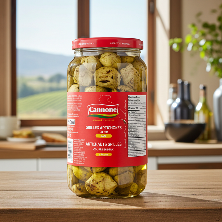 A jar of Cannone Grilled Artichokes Halved on a wooden table in a kitchen setting, with a window showing a green field in the background.