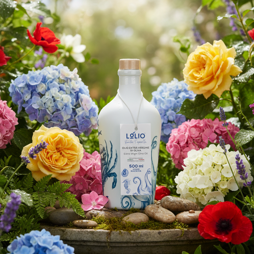 A white bottle of Lólio olive oil vinegar with blue sea-creature illustrations, set in a garden arrangement of blue, pink, yellow, and white hydrangeas, red roses, and small stones.