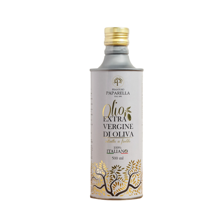 A bottle of Frantoio Paparella Monocultivar Coratina Extra Virgin Olive Oil with a gold-colored cap and a label featuring green and white colors, displaying the text 'Olio Extra Vergine di Oliva' and 'Italiano'.