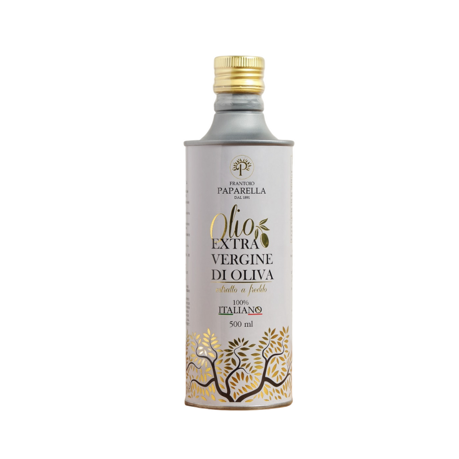 A bottle of Frantoio Paparella Monocultivar Coratina Extra Virgin Olive Oil with a gold-colored cap and a label featuring green and white colors, displaying the text 'Olio Extra Vergine di Oliva' and 'Italiano'.
