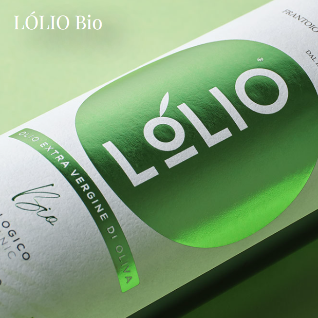 Close-up of a Lólio Bio olive oil bottle label with a large green oval logo and white text on a pale green background.
