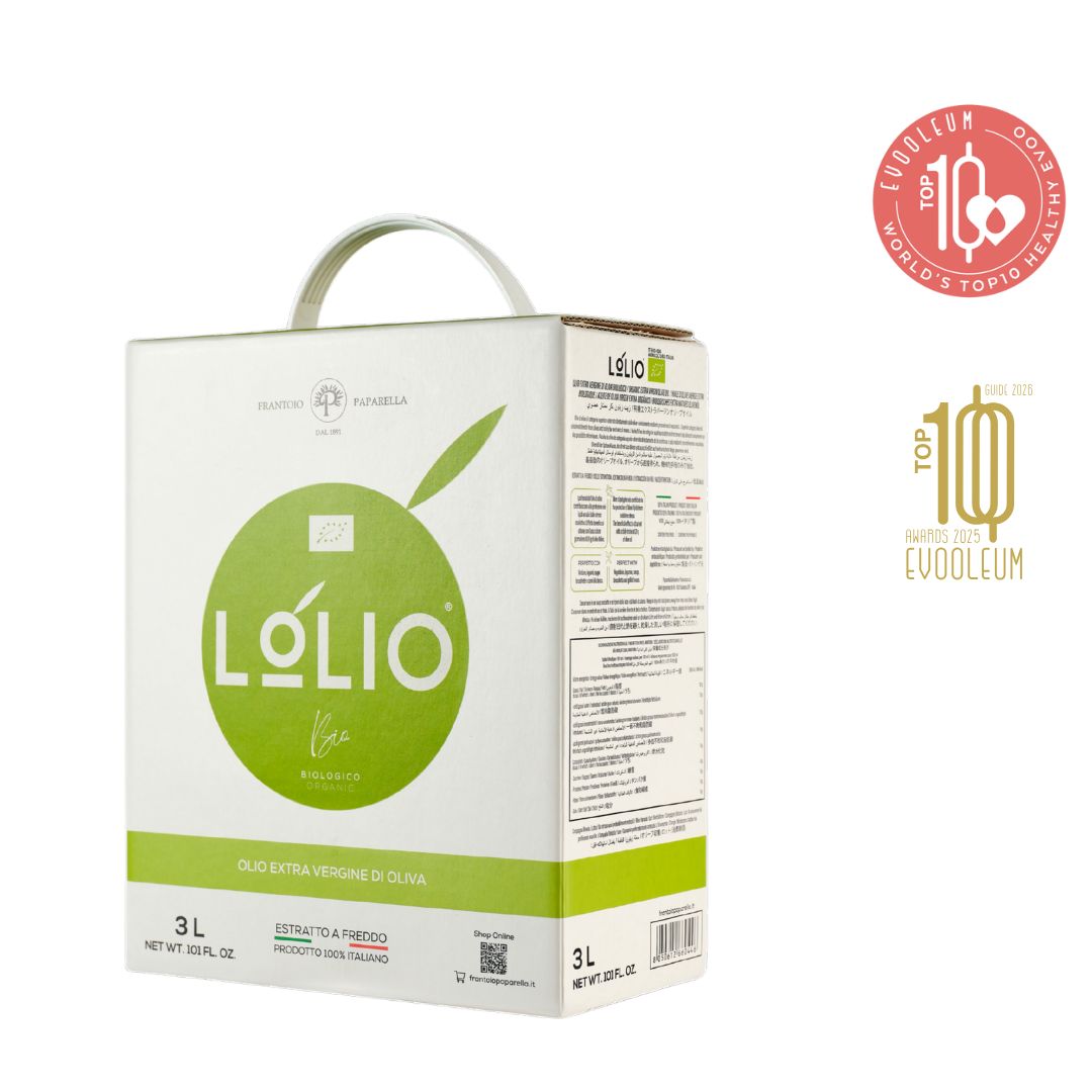 Lolio olive oil packaging on a white background