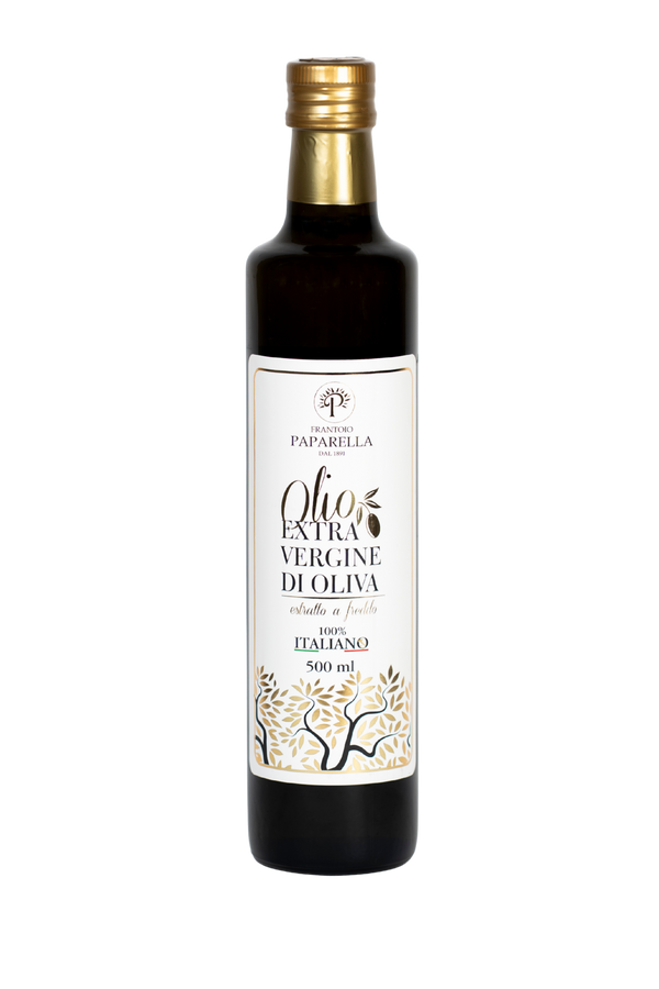 Bottle of Paparella extra virgin olive oil with a gold cap on a white background