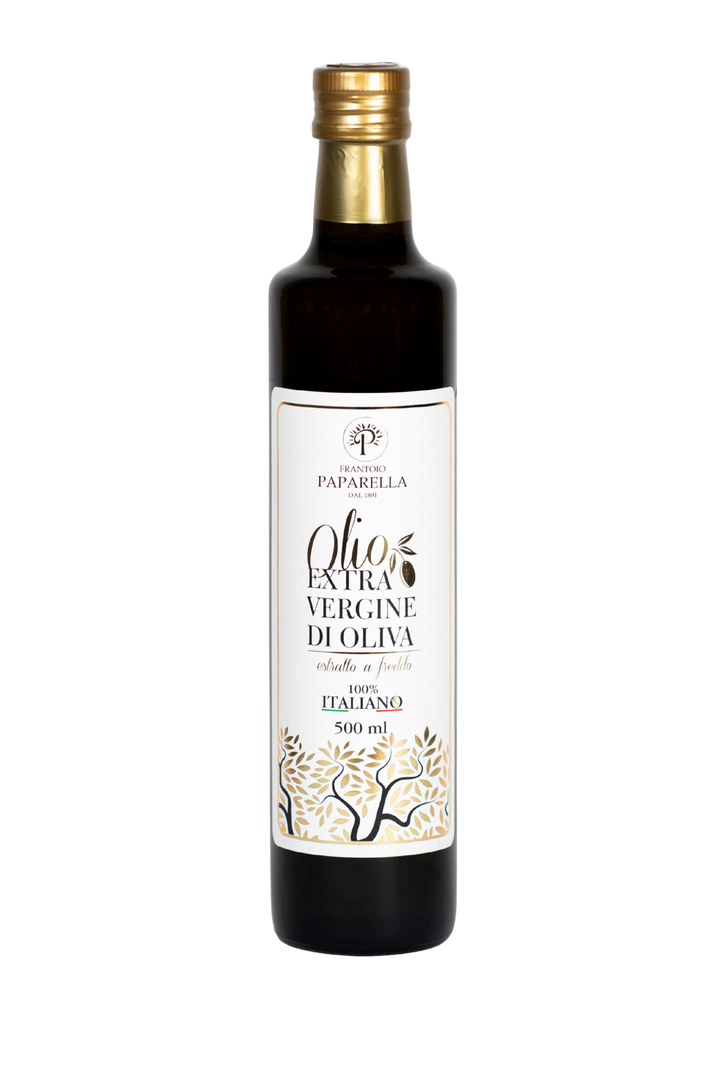 Bottle of Paparella extra virgin olive oil with a gold cap on a white background