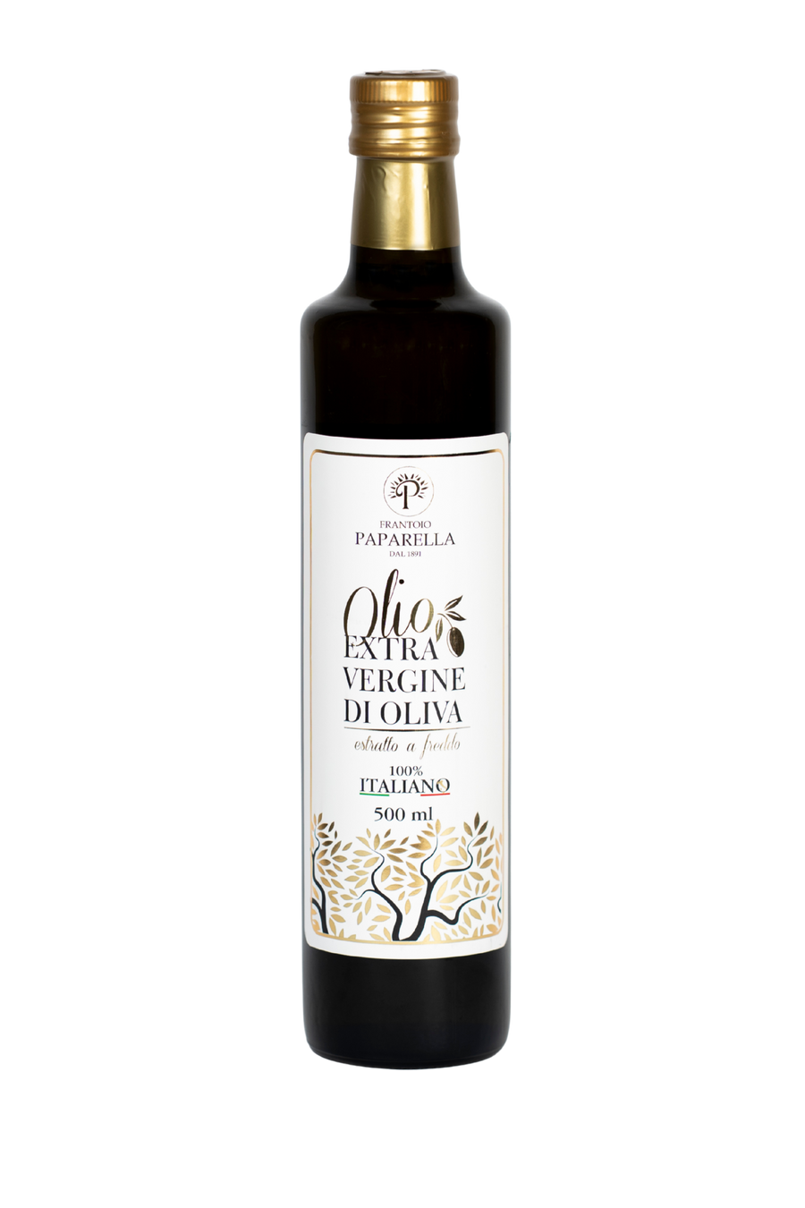 Bottle of Paparella extra virgin olive oil with a gold cap on a white background