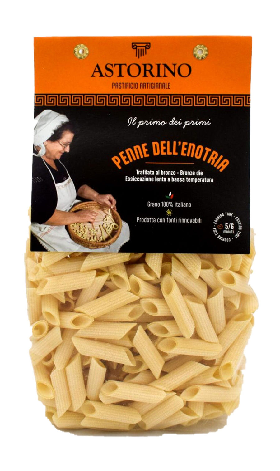 A package of Astorino Penne Dell'Enotria dried pasta, showing the orange and black branded label above a clear window displaying the light beige penne pasta inside.