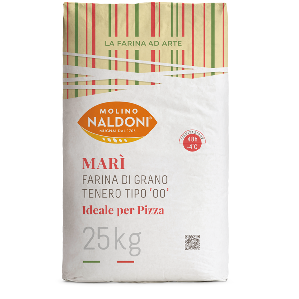 A 25kg bag of Molino Naldoni Maré fine wheat flour, designed for pizza making. The white bag features a colorful striped top section in green, red, and beige, with the brand logo in orange and product details in red and gray.