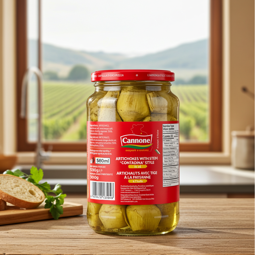 A jar of Cannone Artichokes with Stem 'Contadina' style pickled artichokes sits on a wooden table in a kitchen setting, with a window showing a vineyard in the background and a slice of bread on the side.