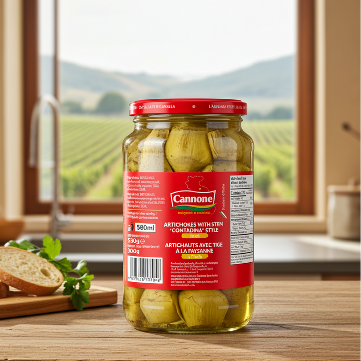 A jar of Cannone Artichokes with Stem 'Contadina' style pickled artichokes sits on a wooden table in a kitchen setting, with a window showing a vineyard in the background and a slice of bread on the side.