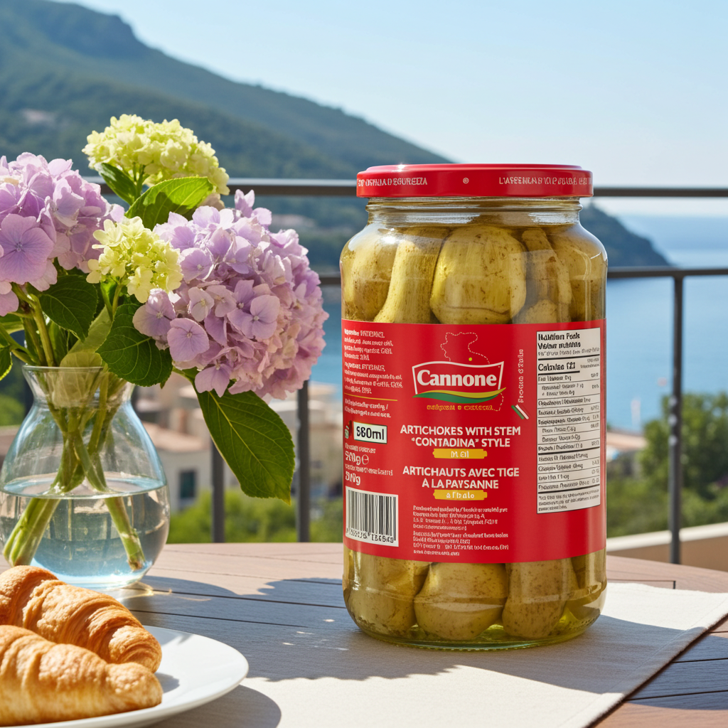 A jar of Cannone Artichokes with Stem in 'Conchonna' style sits on a wooden table outdoors, with a vase of purple and yellow flowers, croissants, and a scenic mountain and sea background.