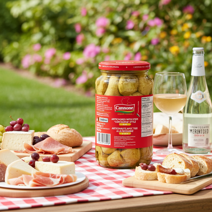 A jar of Cannone Artichokes with Stem stands on a red-and-white checkered tablecloth outdoors on a wooden table, surrounded by cheese, crackers, grapes, olives, and a glass of lemonade with a blurred garden background.