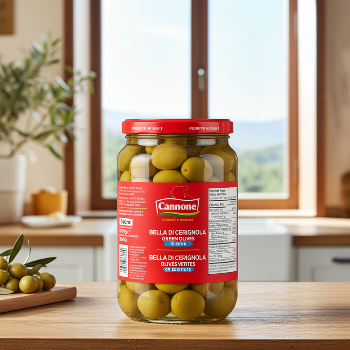 A jar of Cannone Bella di Cerignola Green Olives sits on a wooden table in a bright kitchen setting with a window and plants in the background.