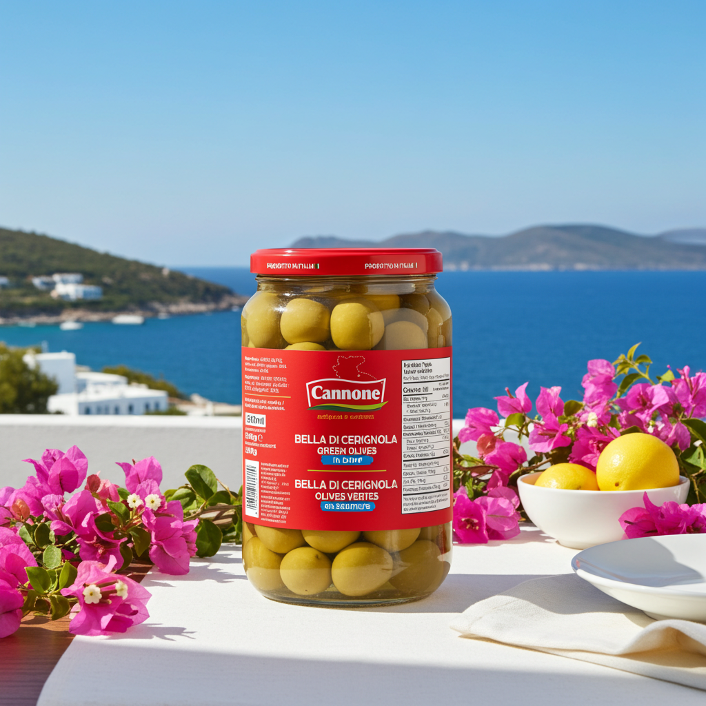 A jar of Cannone Bella di Cernigola Olives Verdis (green olives) set on a white table outdoors with a Mediterranean sea and mountain background, decorated with pink bougainvillea flowers and lemons.