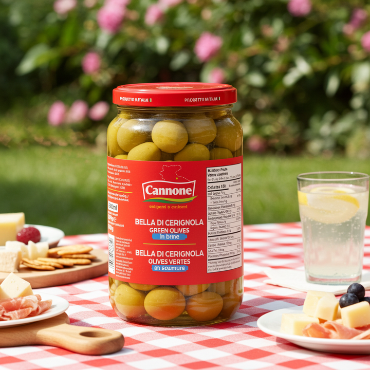 A jar of Cannone green olives in brine sits on a red-and-white checkered picnic table outdoors, surrounded by cheese, crackers, prosciutto, and a glass of lemonade, with a blurred garden background.