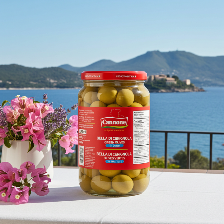 A jar of Cannone Bella di Cerignola green olives sits on a white table in front of a scenic coastal background with blue sea, mountains, and pink flowers in the foreground.