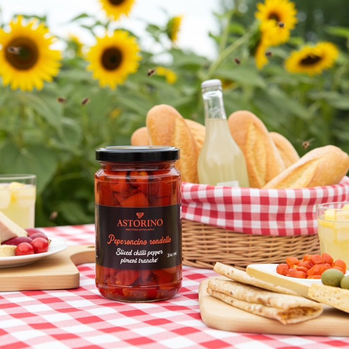 A jar of Astorino sliced chili peppers in oil, styled on a red and white checkered picnic tablecloth with bread, cheese, and drinks, set against a background of sunflowers.