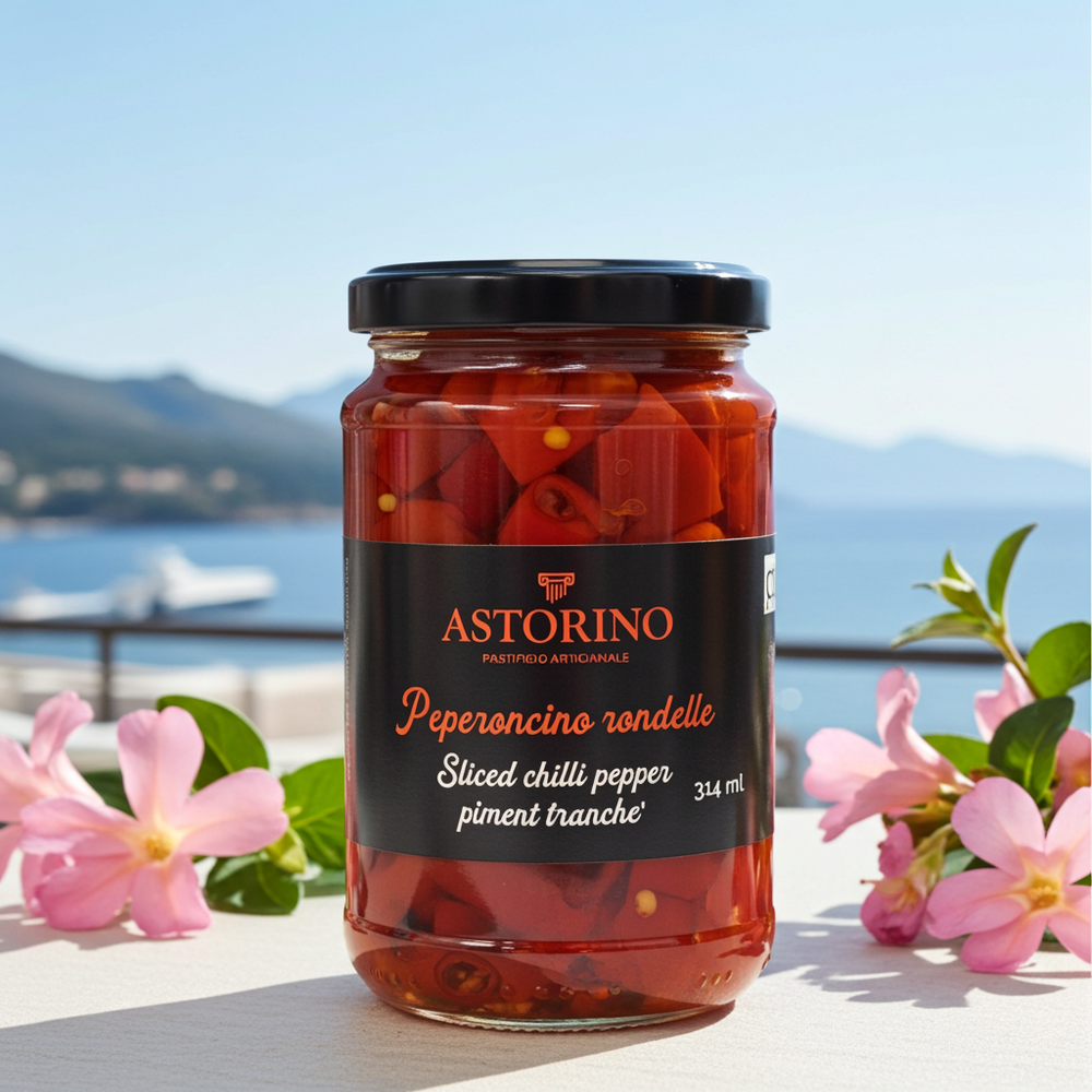 A jar of Astorino sliced chili pepper (peperoncino rondello) sits on a table outdoors with a blurred coastal background and pink flowers framing the jar.