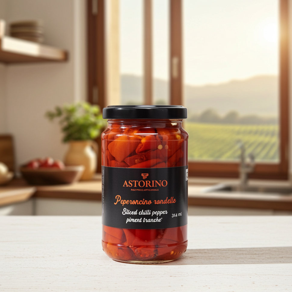 A jar of Astorino sliced chili pepper sits on a light wooden countertop in a bright, warm kitchen setting with a window showing a vineyard in the background.
