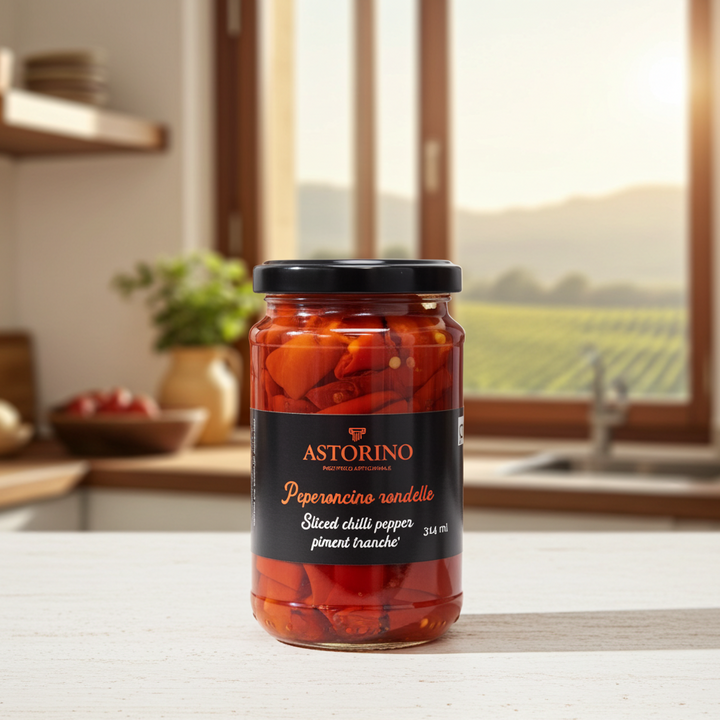 A jar of Astorino sliced chili pepper sits on a light wooden countertop in a bright, warm kitchen setting with a window showing a vineyard in the background.