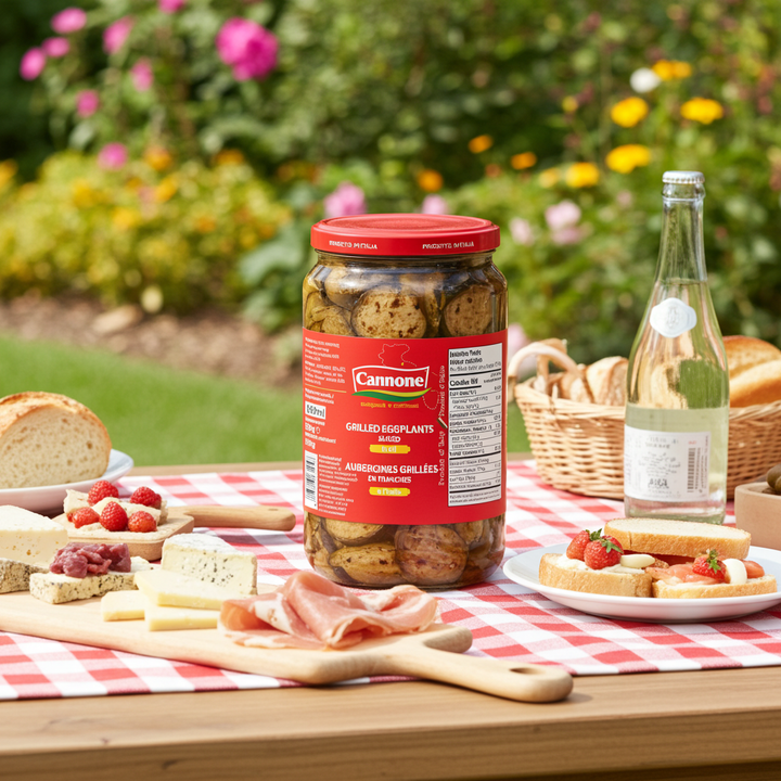 A jar of Cannone Grilled Eggplants in Oil stands on a red-and-white checkered picnic blanket outdoors on a wooden table, surrounded by bread, cheese, sliced salami, strawberries, and a bottle of sparkling wine in a garden setting.