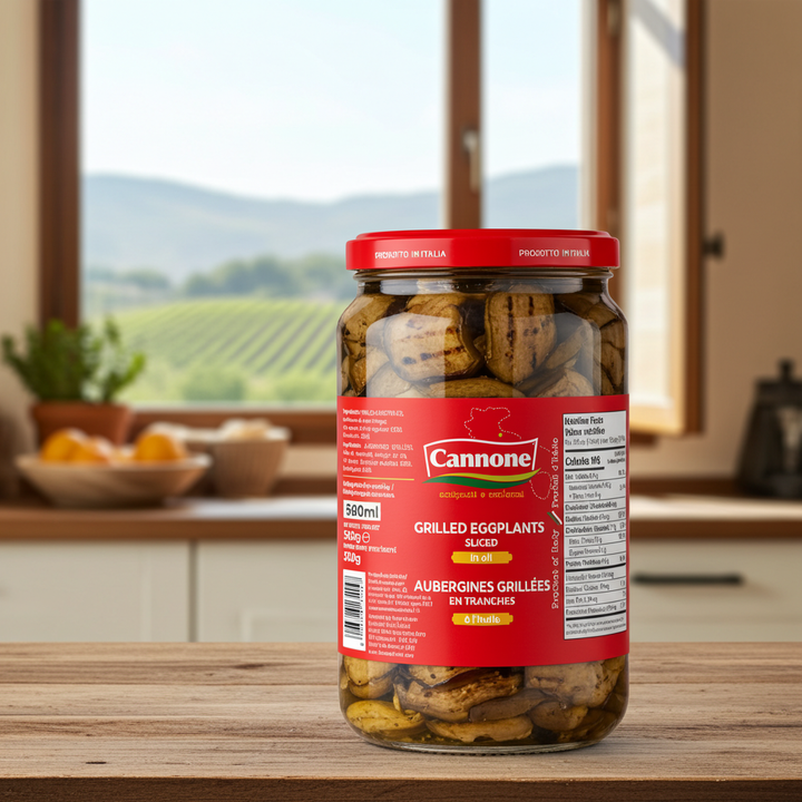 A jar of Cannone Grilled Eggplants on a wooden table with a blurred kitchen and vineyard background. The glass jar contains grilled eggplants in oil with a red lid and a red label featuring the Cannone brand.